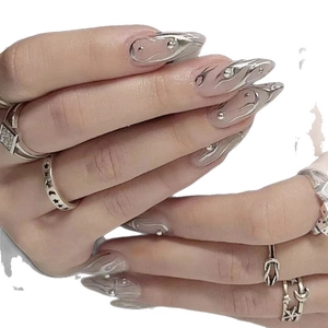 Long almond press-on nails with silver metallic 3D stream lines and bead details