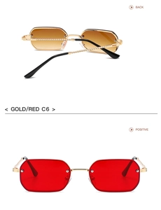 Detailed views of gold metal sunglasses with red lenses and thin frames in C6 colorway