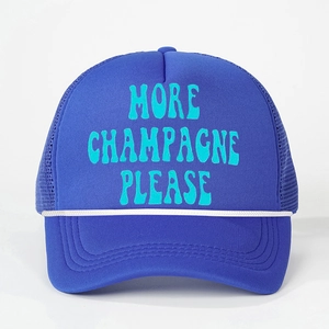 Dark blue trucker hat featuring More Champagne Please print and white decorative rope