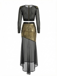 Black and gold sequin mesh two-piece set with long sleeve crop top and slit maxi skirt