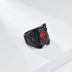 Men's retro black shield ring with red cross and swords in stainless steel finish