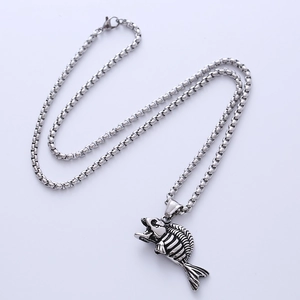 Silver fishbone pendant necklace with dragon bone chain for men on white background