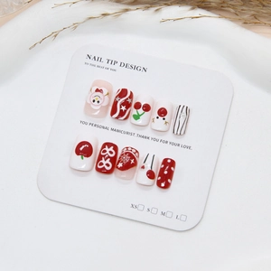 Christmas handmade press-on nails with 3D snowflakes and snowman patterns in red and white