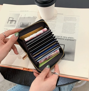 Slim black leather accordion card holder with gold zipper and multi-slot interior