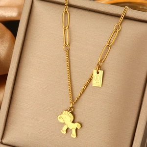 Elegant gold titanium steel necklace with Trojan horse pendant and dollar sign charm