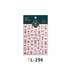 Detail of TL-296 red velvet bow nail stickers with floral patterns and ribbon accents