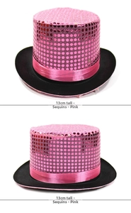Detail view of 13cm high pink sequined top hat with black brim for stage performances