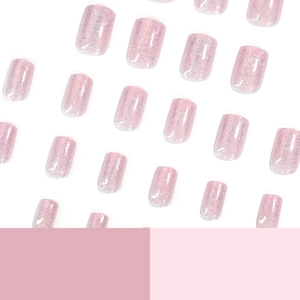 Faux ongles œil-de-chat rose avec paillettes fines et forme carrée-ovale courte