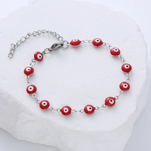 Polished stainless steel bracelet featuring red evil eye enamel beads with lobster clasp