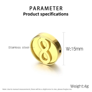 Detail of 15mm golden stainless steel number 8 bead with 1.3mm hole for DIY jewelry