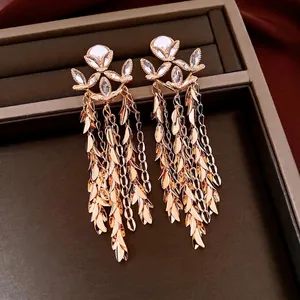 Vintage 18K gold plated flower pearl tassel earrings with crystal fringe detail