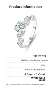 Detailed view of S925 silver moissanite ring with six-prong setting and leaf accents