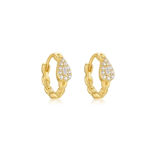 Macro detail of S925 sterling silver gold earrings with square drop white zircon stones