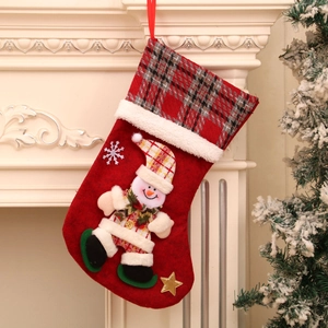 Detail of Christmas stocking featuring 3D snowman doll on fireplace mantel setup
