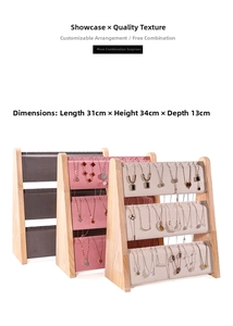 Three-tier wooden necklace stand showing dimensions 31cm long by 34cm high