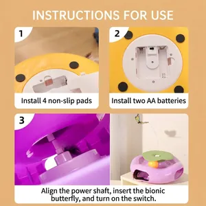 Automatic rotating butterfly cat toy with purple base and anti-slip pads shown in four steps