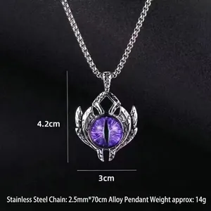 Men's hip hop evil eye necklace in titanium steel with a purple eye pendant on long chain