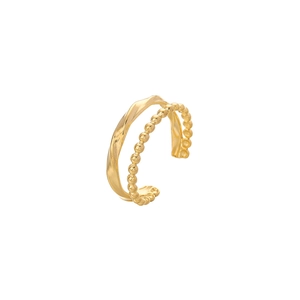 Close-up of double-layered gold ring featuring twisted band and small metal bead texture