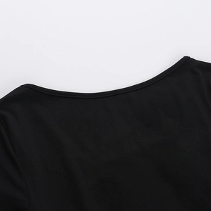 Detail of black knit T-shirt neckline showing refined stitching and smooth fabric texture