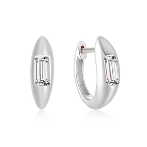 Detail view of silver S925 sterling silver huggie earrings with emerald cut zircon