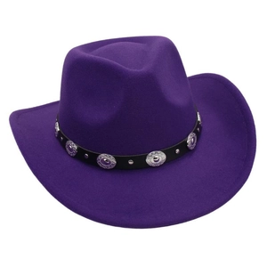 Detail of dark purple felt cowboy hat with leather band and vintage metal studs