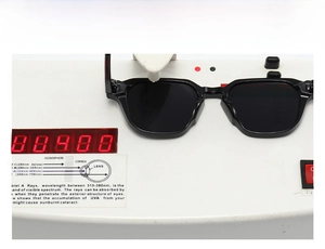 Detailed UV400 protection test showing black square sunglasses on a professional tester