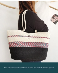Detailed close-up of color-block woven cotton rope tote bag showing textured craftsmanship