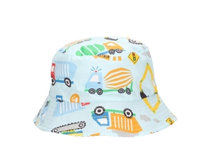 Close-up of blue cotton bucket hat with colorful construction vehicle pattern print