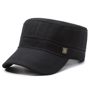 Men's black flat top military cap with side metal logo shown from a 45-degree side angle