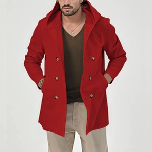 Detail of red men's hooded trench coat showing double-breasted buttons and fabric texture