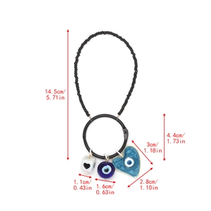 Detailed dimension guide for evil eye keychain with heart charms and black bead chain
