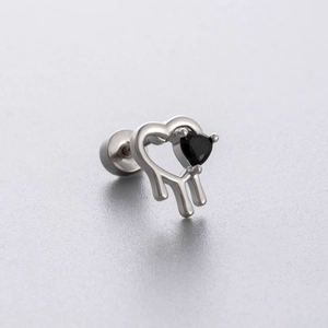 Liquid metal heart stud earring with black zircon stone in a gothic spider web style