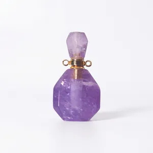 Natural amethyst perfume bottle pendant with 18K gold plated chain necklace