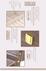 Wooden jewelry storage box with linen interior and metal hardware for rings and necklaces.