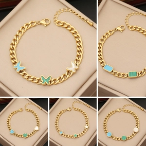 Fashion Stainless Steel Bracelet For Women Gold Plated With Colorful Heart Butterfly Star Pendants Adjustable Chain