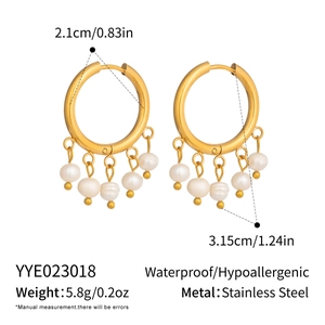 Detail of 18K gold plated stainless steel hoops with 5 white pearls showing size specifications