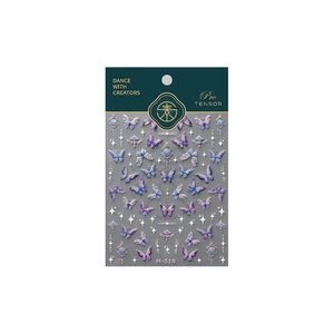 Purple gradient butterfly 3D nail stickers with golden stars on white background