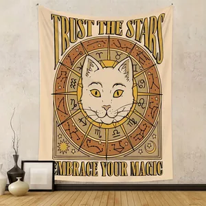 Cat Tarot Tapestry Polyester Mystical Astrology Wall Hanging For Bedroom Living Room Home Decor Retro Aesthetic Design
