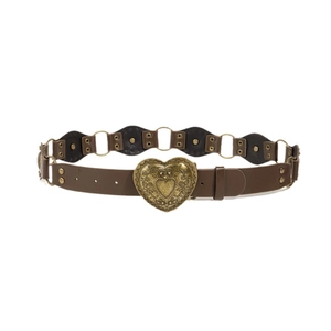 Vintage brown PU leather belt featuring a large ornate bronze heart buckle for women