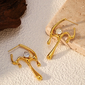 Retro 18K gold plated stainless steel irregular fluid earrings with zircon stone