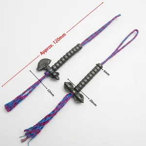 Detail showing dimensions of Tibetan Vajra bell pendant with colorful braided cord