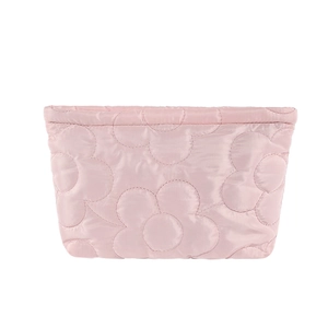 Pink quilted cotton makeup bag with floral embroidery for travel and daily storage