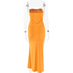 Back view of a sleek orange strapless maxi dress featuring smooth stretch fabric