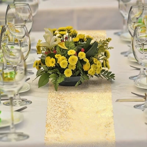 Golden rectangular table runner with irregular hollow grid texture for wedding decor