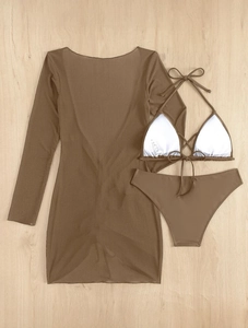 Flat lay detail of a 3-piece brown bikini set featuring a long mesh dress and tie-up top