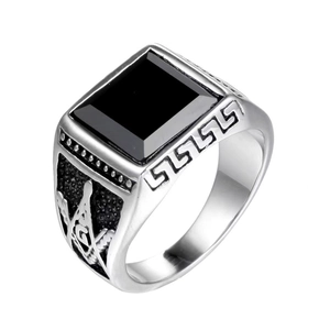 Men's retro silver ring with black square gemstone and Freemasonry square and compass design