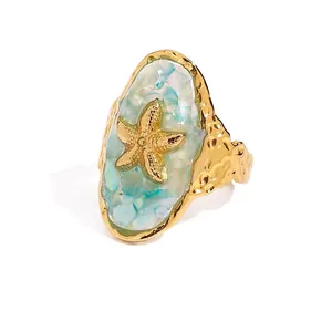 Starfish Ocean Theme Open Ring Stainless Steel Gold Plated Mother Of Artificial Pearl Texture Hammered Finish Beach Vacation Jewelry