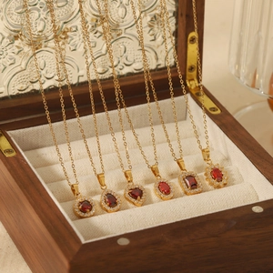 Elegant Pendant Necklace 18K Gold Plated Stainless Steel With Red Zircon Halo Geometric Jewelry For Women