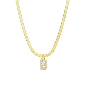 Close-up of gold snake chain with a sparkling zircon-studded letter B pendant