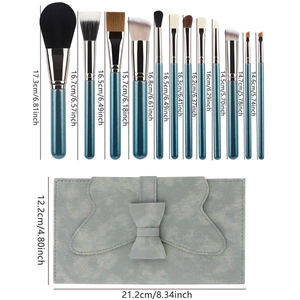 Set di 12 pennelli da trucco professionali con manico blu glitter e astuccio fiocco
